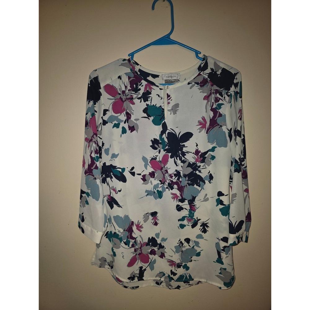 Van Heusen Womens Floral Keyhole Blouse 3/4 Sleeve White Purple Teal XS